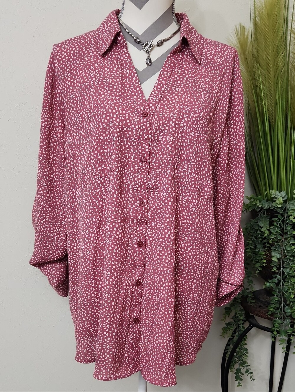 Maurices Rose Pink Button-Front Blouse with White Dot Pattern